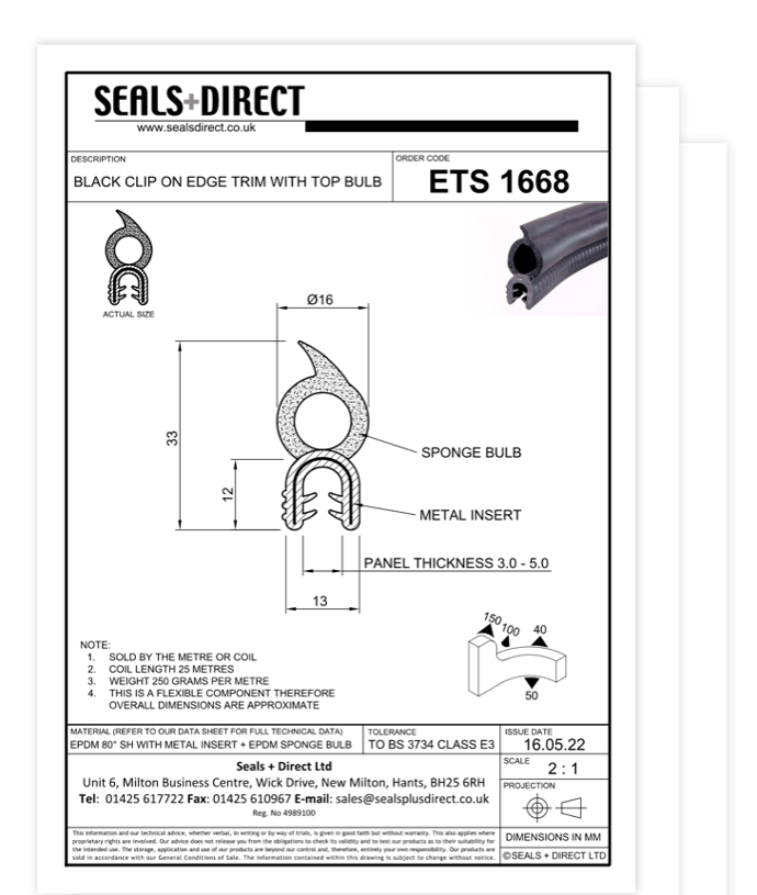 Drawing of a Clip on Edge Trim with Dimensions