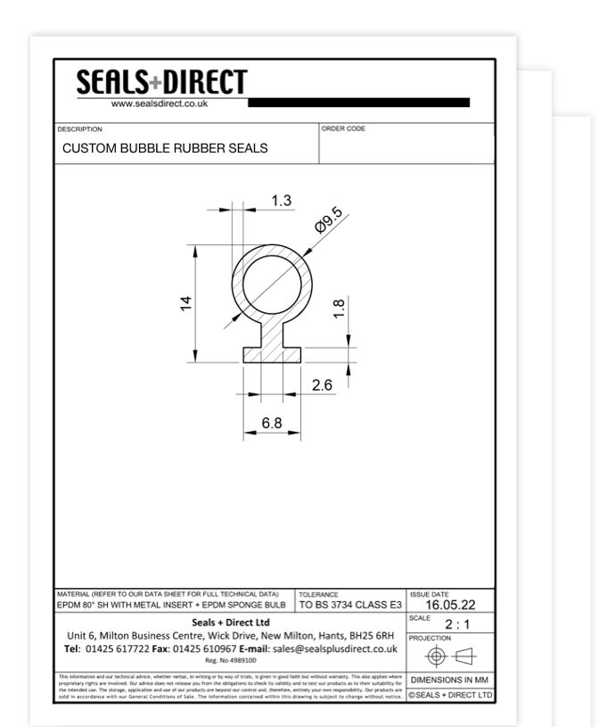 Technical Drawing of a Bubble Seal with Dimensions Technical Drawing of a Bubble Seal with Dimensions