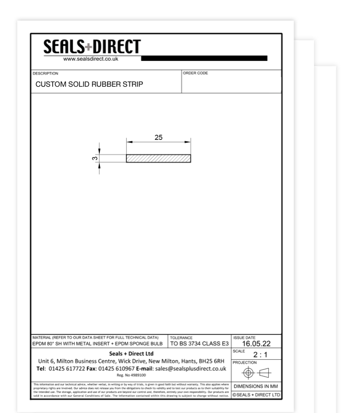 Technical Drawing of Solid Rubber Strip Cut to Requested Size