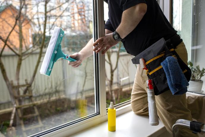 Professional cleaner cleaning a uPVC window