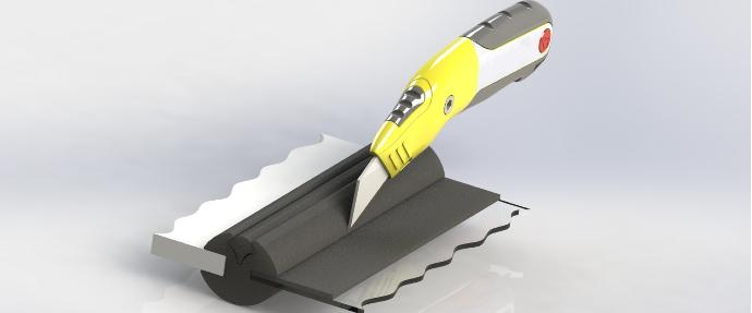 3D render of a knife cutting rubber strip